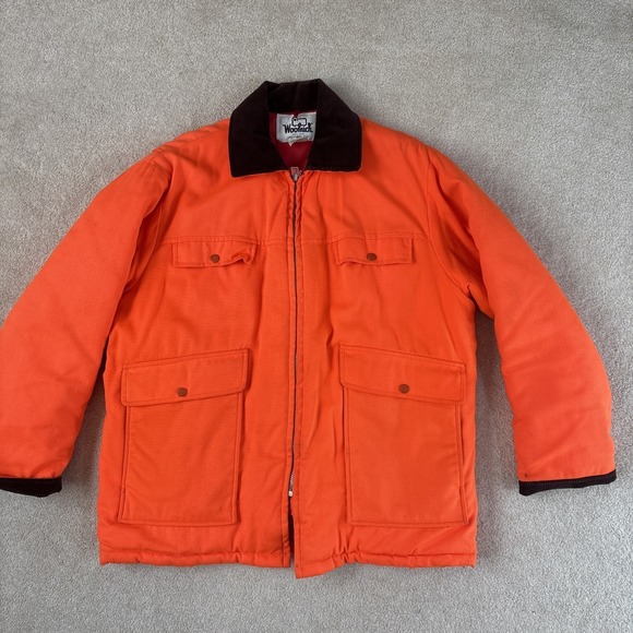 VTG Woolrich Hunting Jacket Large Orange Quilted Lined Flap Pocket Field Outdoor